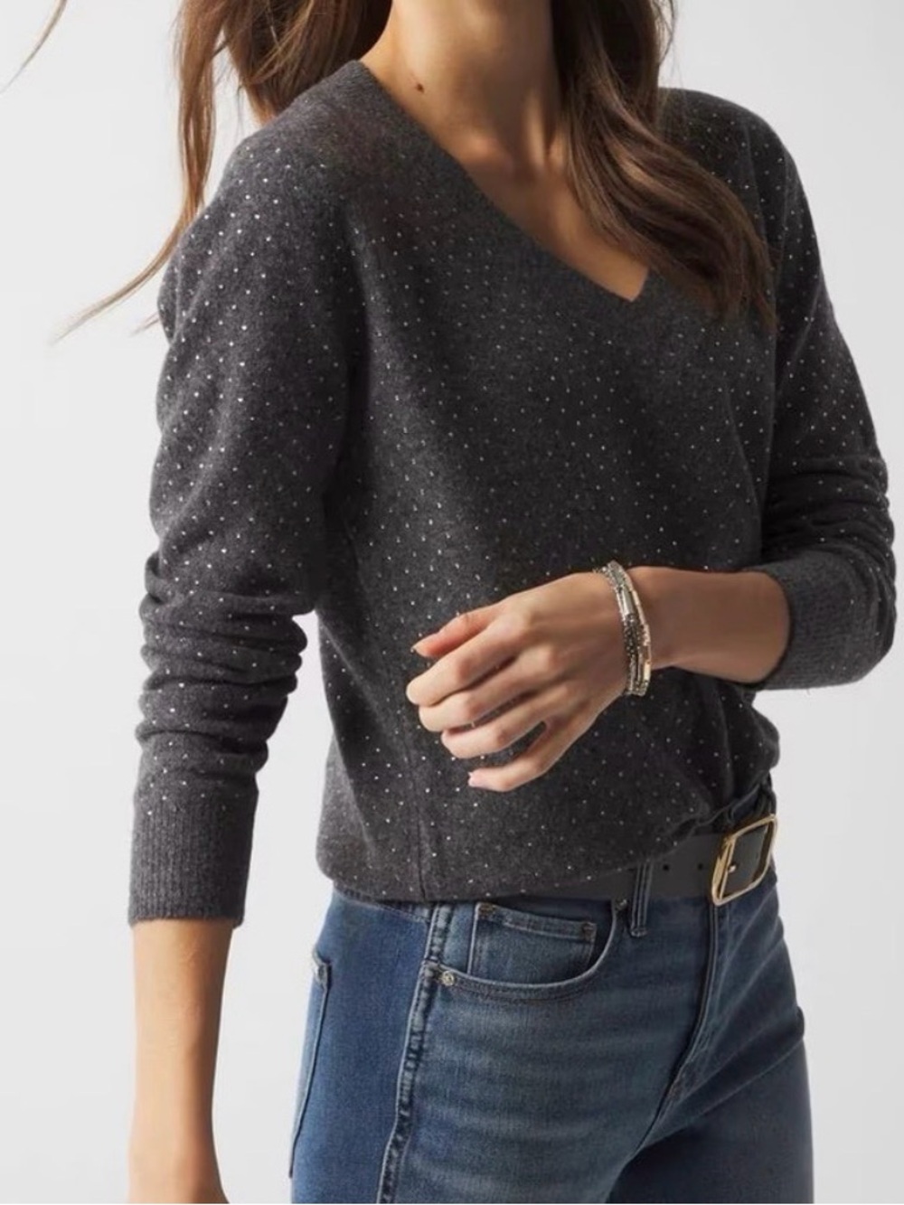White House Black Market Embellished Heathered Gray Knit V-neck Sweater